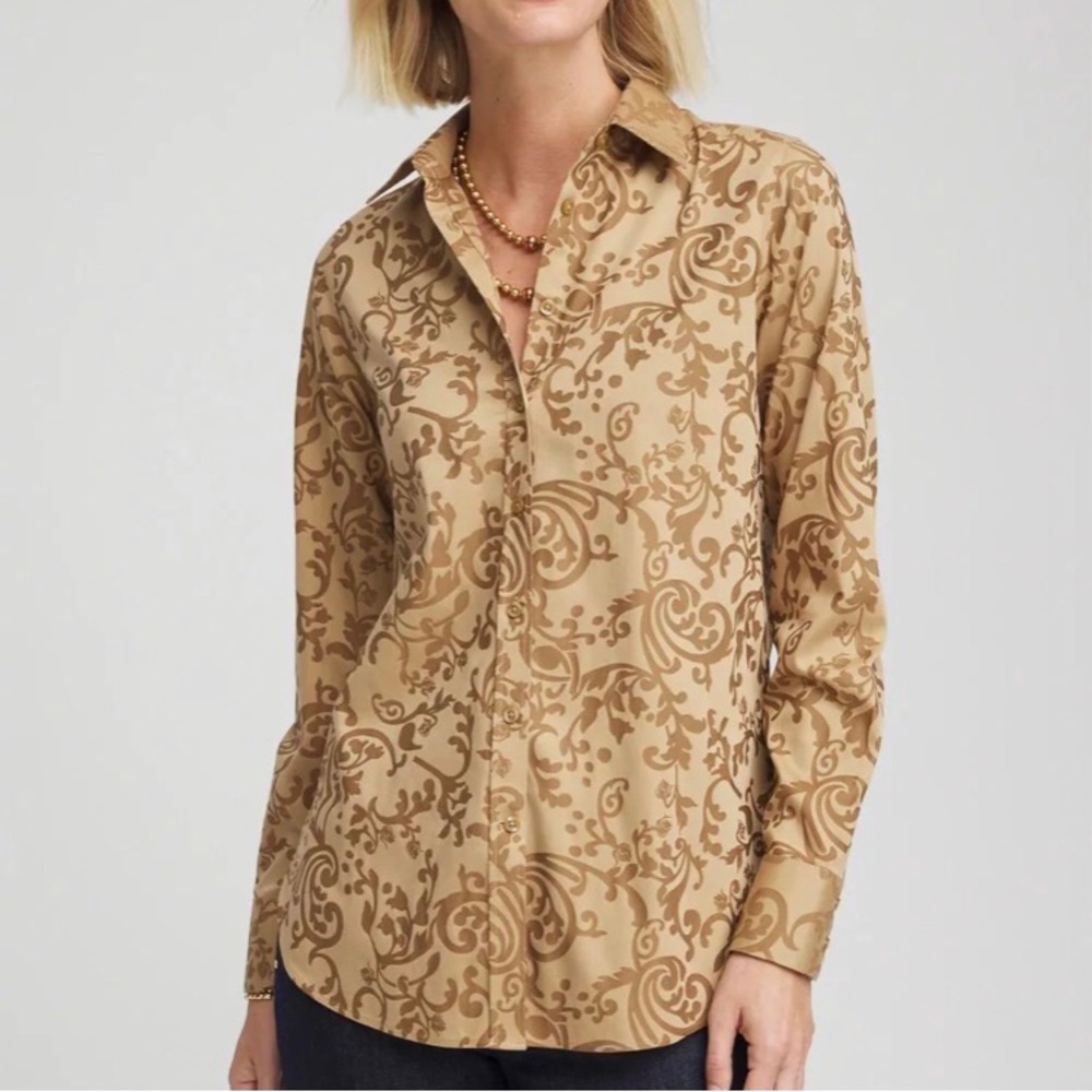 Chicos No Iron Button Down Shirt Size 0.5/6 Gold Scroll Jacquard Long Sleeve